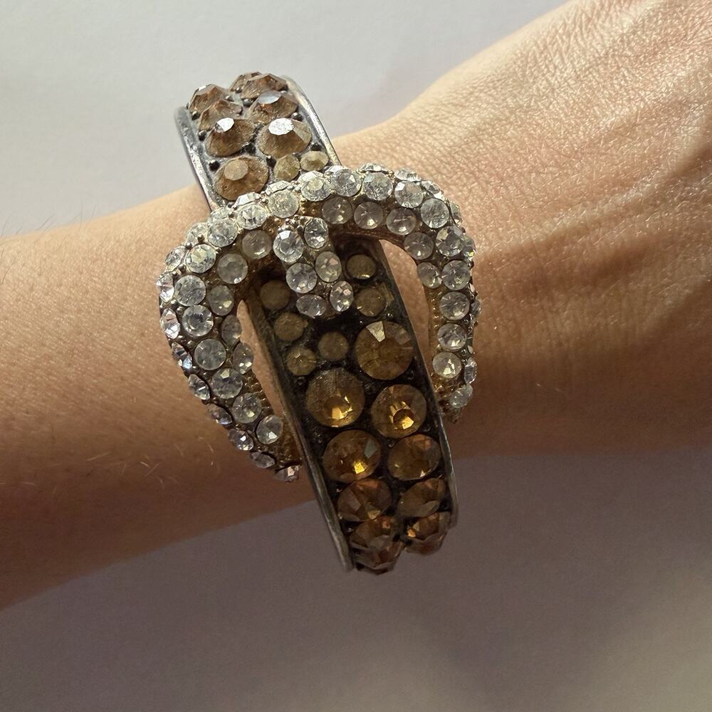 Vintage Cowgirl Belt Buckle Hinged Bangle Amber Rhinestone Bracelet Jessie Bound